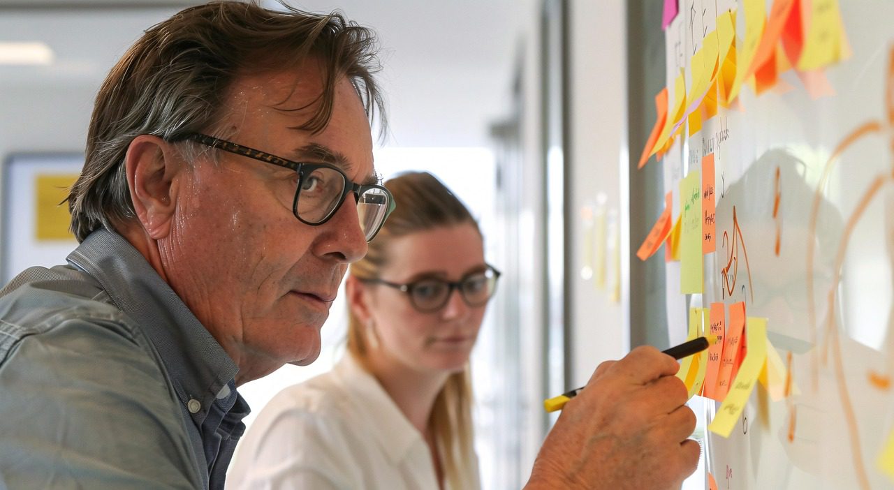 Business mentors brainstorming ideas on a whiteboard to develop an entrepreneurial mindset and growth strategy within the UK SME community.